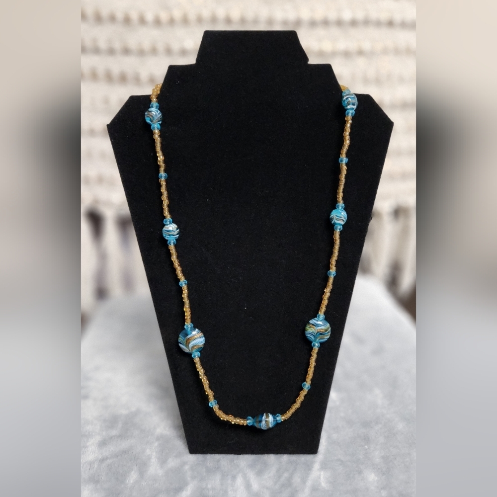 Blue and Gold Glass Beaded Necklace